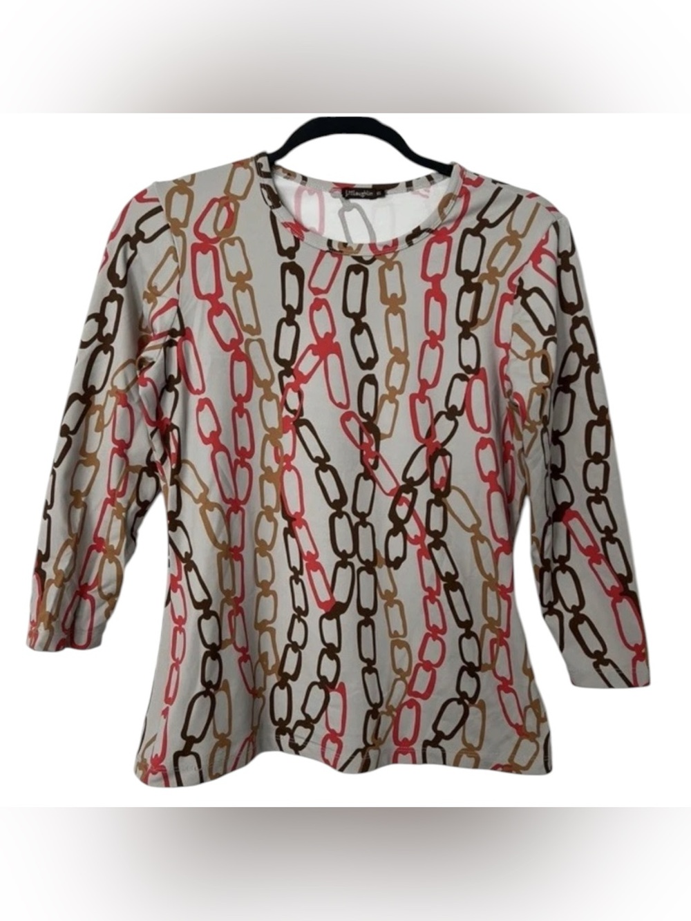 J McLaughlin Chain Print Stretch Top XS Preppy Pink Brown 3/4 Sleeve